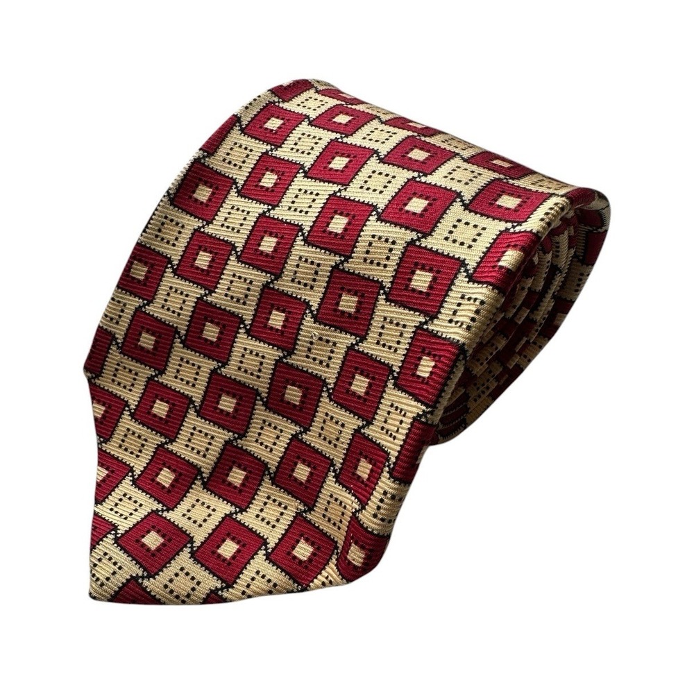 Polo Ralph Lauren VTG Tan Red Geometric Pure Silk Mens Tie 3.5 inch Width